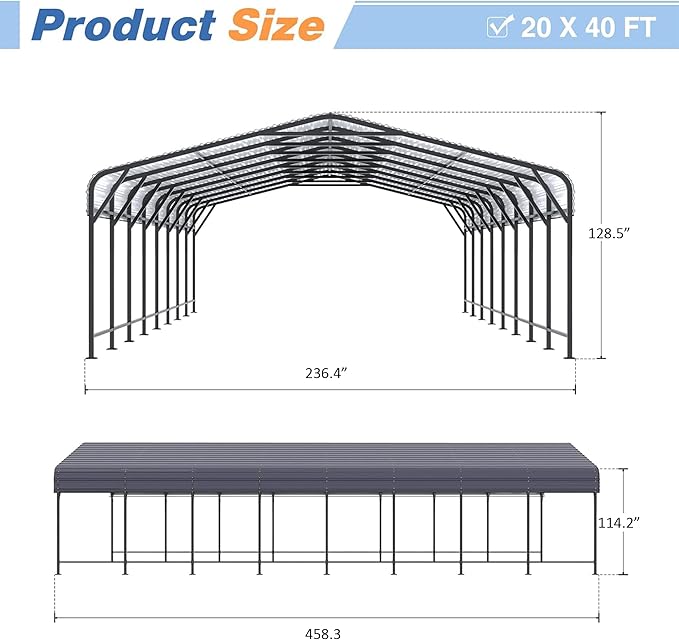 20x40 FT Metal Carport Canopy Heavy Duty with Reinforced Base and Galvanized Steel Roof & Frame, Garage Shelter for Cars, Boats and Trucks