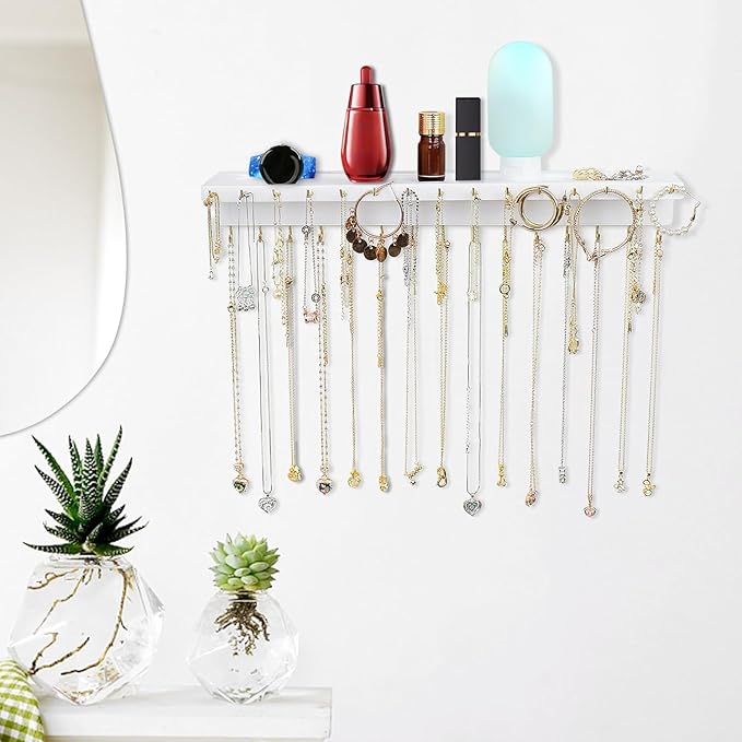 Necklace Holder, Upgraded Extra Large Wall Necklace Organizer with 30 Hooks Wall Mounted Necklace Hanger with Jewelry Tray/Cosmetics Shelf Rustic Pine Wood Holder (White)
