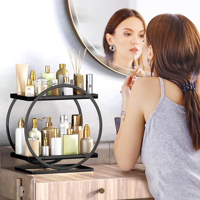 Bathroom Counter Organizer, Black Perfume Organizer for Dresser, 2 Tier Bathroom Organizer Countertop, Vanity Makeup Organizers, Skincare Display Tray for Bathroom Sink Storage