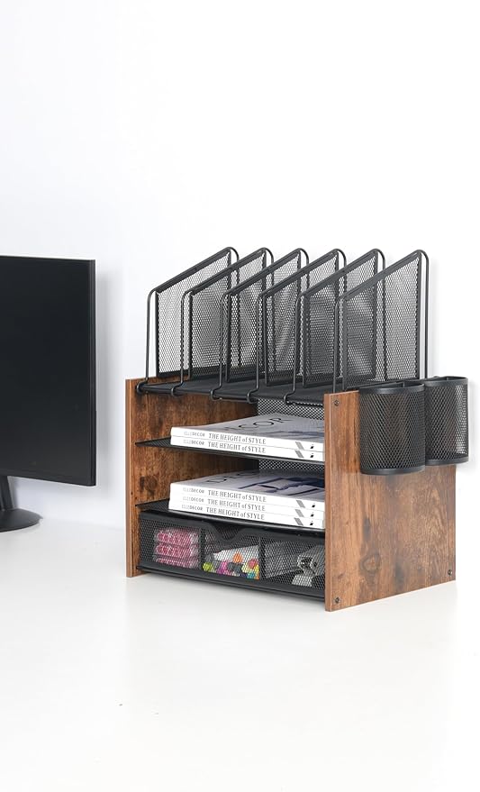 Wooden & Metal Desk Organizer – 4-Tier Vertical Desktop Storage with File Trays, Pen Holder & Drawer – Space-Saving Office & Home Workspace Organizer