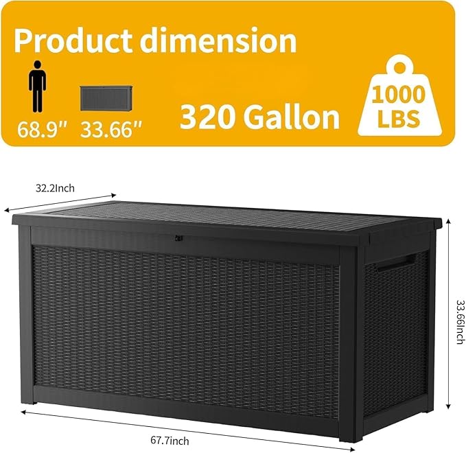 Outdoor Storage Box, 320 Gallon Lockable Resin Deck Box Large Waterproof, Patio Storage Bin for Furniture Cushion, Garden Tools and Pool Accessories, UV-Resistant Bench Cabinet for Outside, Black