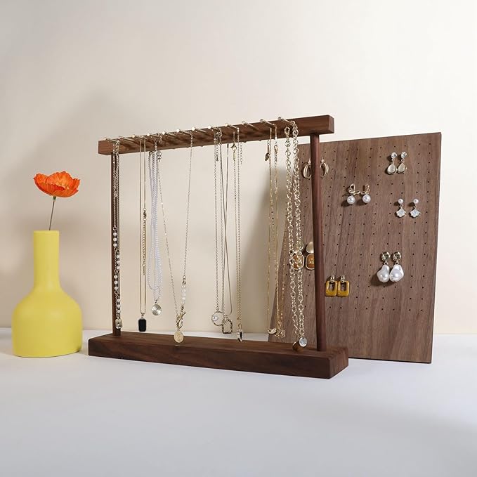 GemeShou Medium necklace hanger shelf with 12 copper bars, Wooden jewelry storage organizer rack for hanger necklace bracelet, necklace display stand for boutique store【Walnut】