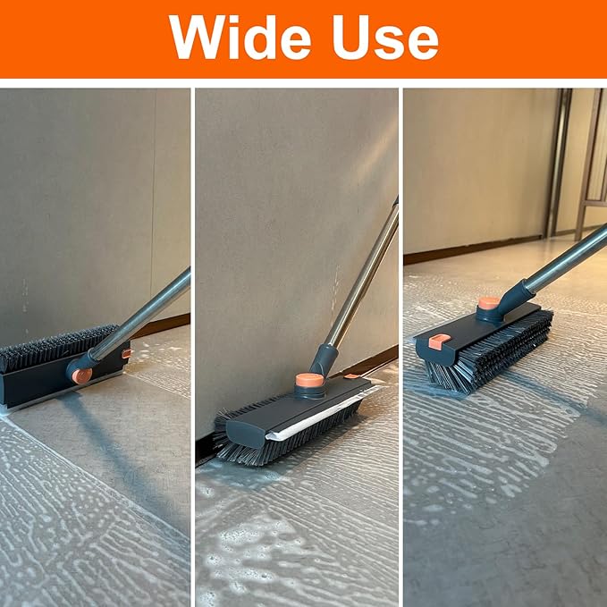 Floor Scrub Brush with Long Handle, BITOPE 3 in 1 Stiff Bristles Deck Brush 360° Rotating Floor Scrubber with Squeegee, Tweezer for Clean Patio, Deck, Tile, Concrete, Balcony Outdoor