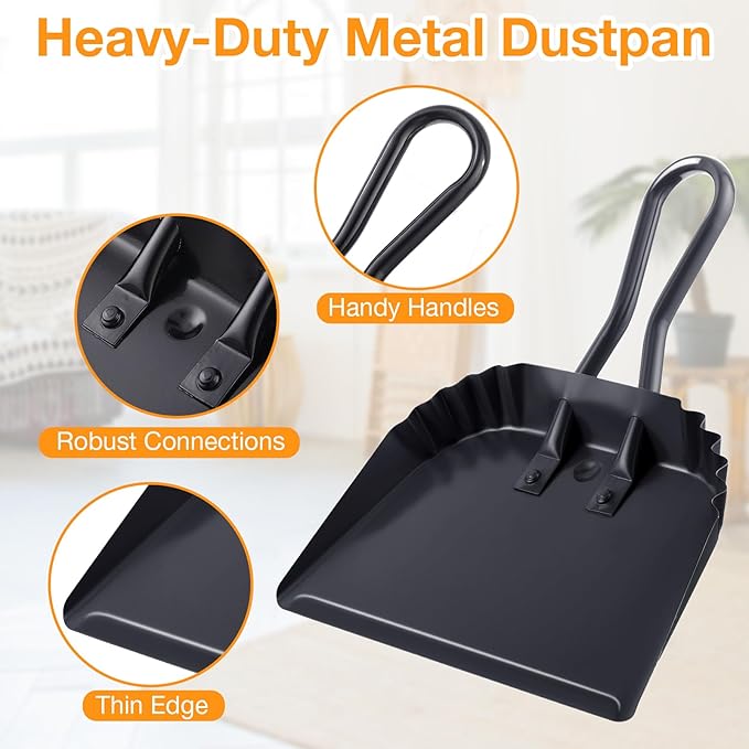 Mumufy 2 Pcs 12 Inch Heavy Duty Metal Dustpan, Stainless Steel Large Wide Dust Pans for Household, Handheld Scooper, Debris Cleaning Tool for Home Garage Studio Courtyard Indoor Outdoor(Black)