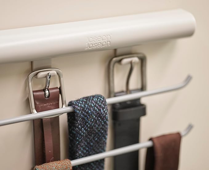 Joseph Joseph Orderly Belt, Tie & Scarf Hanging Rail, Closet Wardrobe Accessory Organizer, 4 Rails Rack Storage, 2 Belt Hooks