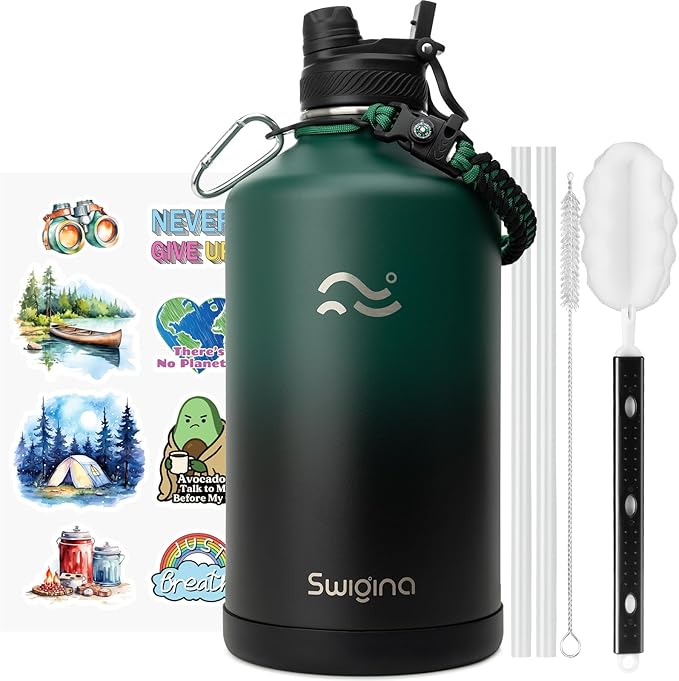 Insulated Water Bottle with Silicone Boot (36hrs Cold/18hrs Hot) - DIY Stickers, [2-in-1 Lid], BPA Free, 128 oz