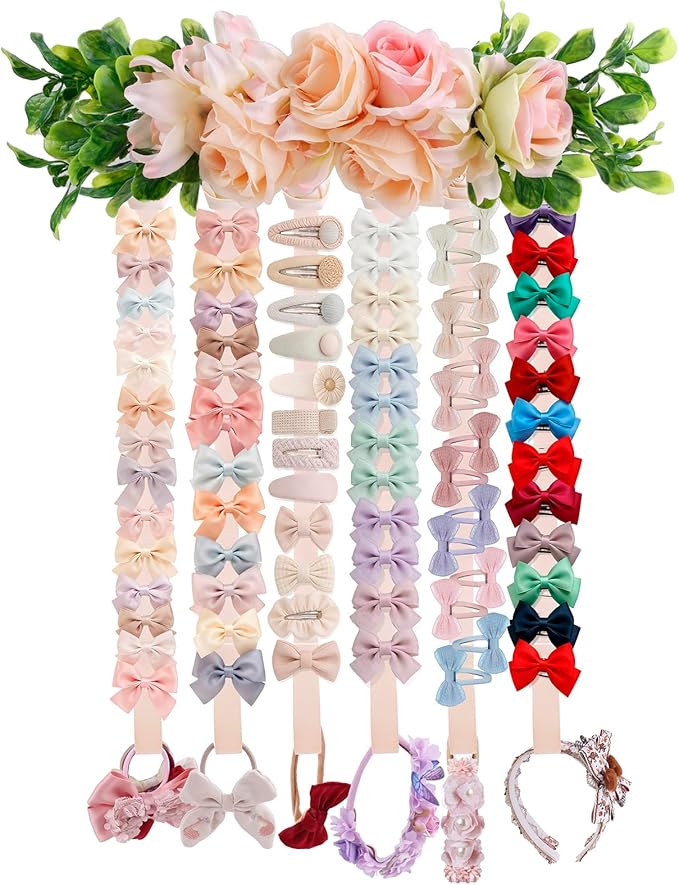 Hair Bows Holder Headband Organizer for Girls,Baby Hair Accessories Organizer Hair Clips Hanger Storage with Hooks, Wall Hanging Decor for Nursery Room (FB-GJ-Pink, JS95*38CM)