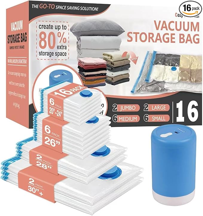 Cozy Essential 16 Pack Travel Vacuum Storage Bags with Rechargeable Wireless Electric Pump for Luggage, Suitcase, Carry-on Size Vacuum Seal Compression Space Saver Bags for Clothes and Clothing Travel
