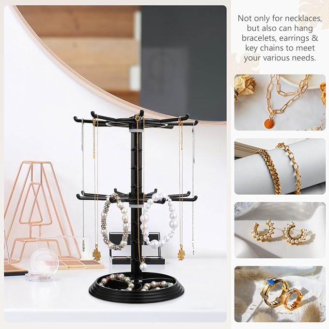 FRCOLOR Rotating Hanger Storage Stand with 16 Hooks for Keychains Bracelets Hair Ties Small Accessories Organizer Desktop Display Rack 8X12X8 Inches