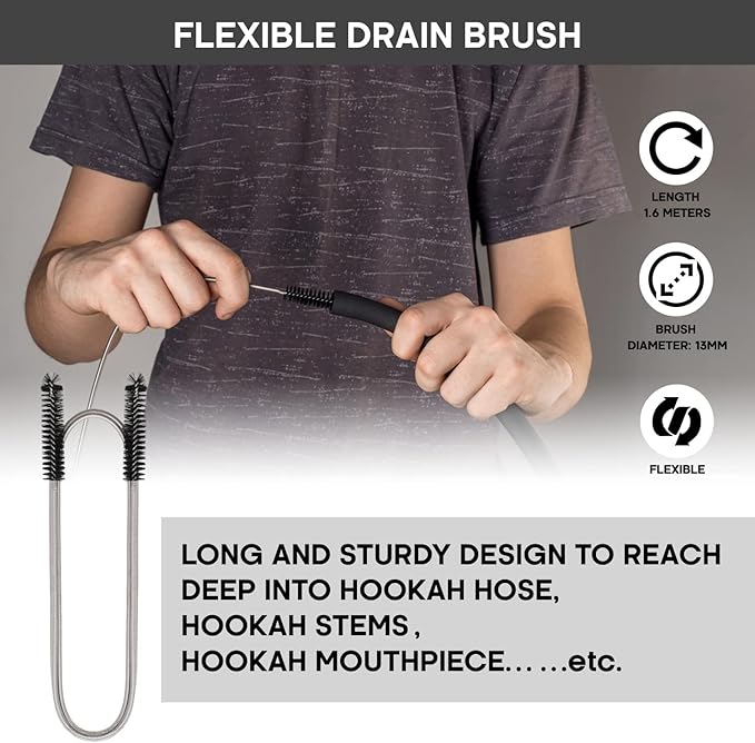 Yimi Hookah® Cleaning Kit | Flexible Drain Brush | V Shape Angled Brush | Test Tube Brushes and Micro Brush | Decanter Cleaning Beads | Flexible Bottle Scourer| Hookah Shisha Brush Set.