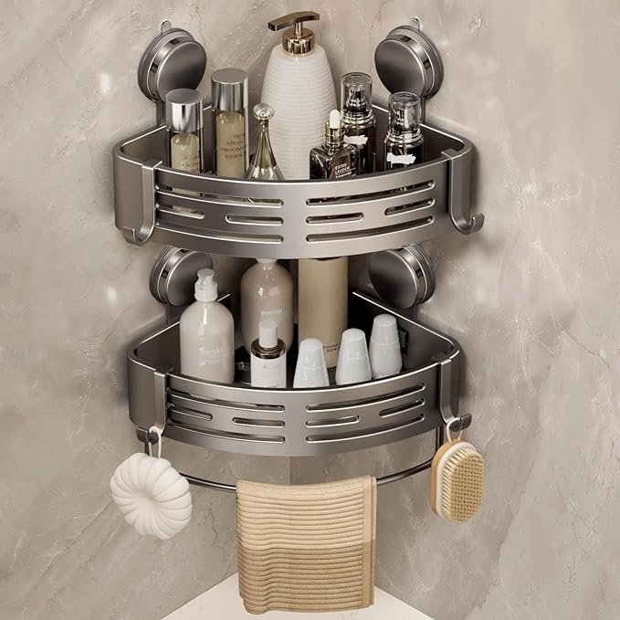 VOLPONE Corner Shower Caddy Suction Cup Shower Shelf Corner No Drilling Bathroom Shower Organizer Storage Rack Adhesive with Towel Bar Hooks (2-Pack, Matte Gray)