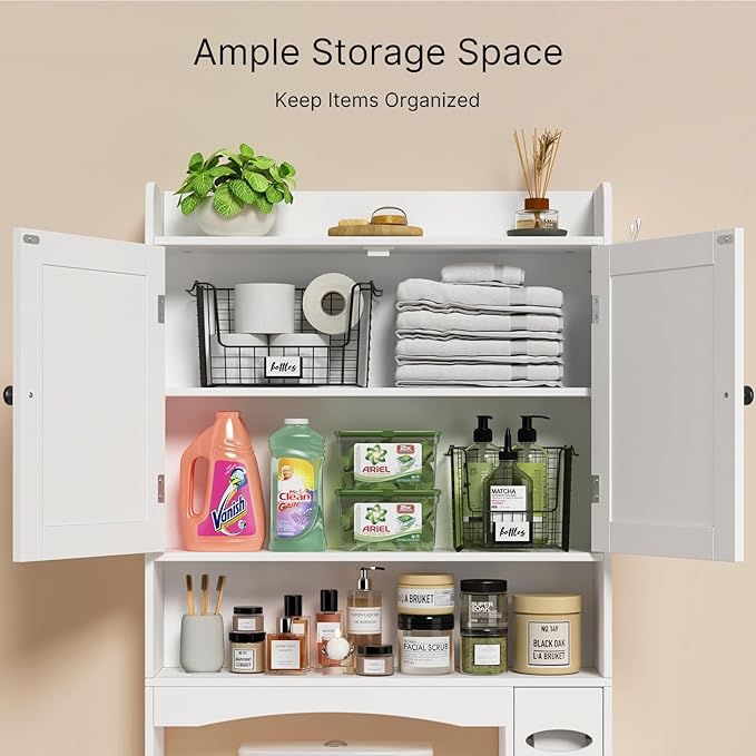 Ahomly Over The Toilet Storage Cabinet, 32.3" W Over Toilet Bathroom Organizer with Doors, Adjustable Shelves, Toilet Paper Holder, 2 Side Hooks, Space-Saver for Bathroom, Laundry, White