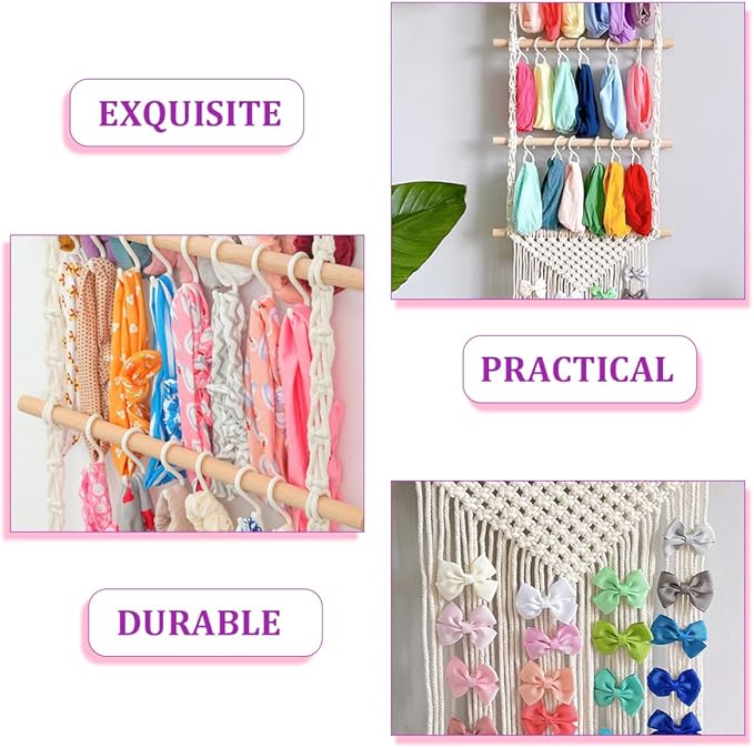Cabilock Girls Hair Accessories Organizer Wall Hanging Hair Bow and Headband Holder Cotton Rope Scrunchies Storage for Room Decor for Clips and Ties