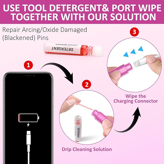 Ordilend for iPhone Cleaning Kit for Charging Port Cleaner, Multi-Tool iPhone Cleaner Repair Lightning Cable, Cell Phone Cleaning Kit for iPad, Connector, Speaker, Airpod with Storage Case, Pink
