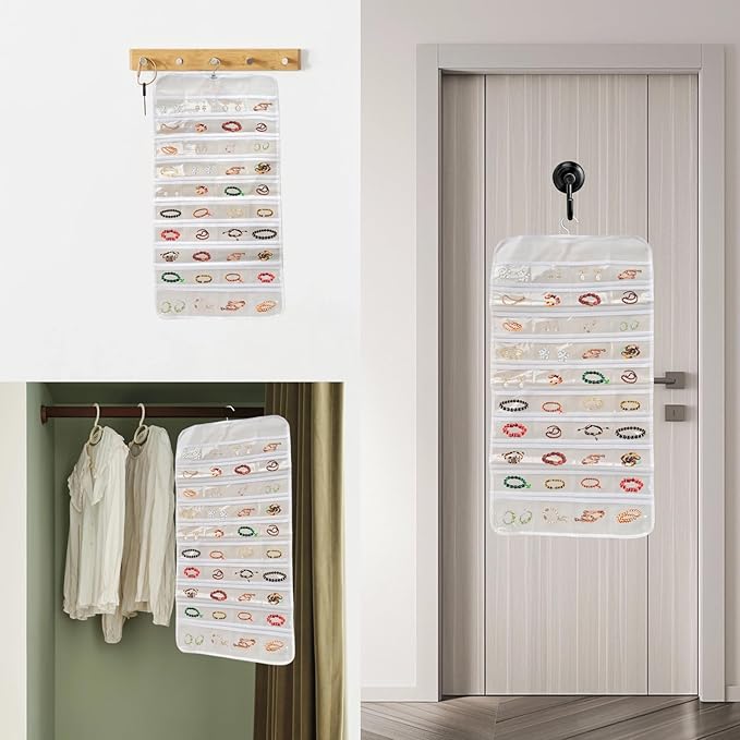 80 Pockets Double-Sided Hanging Jewelry Storage Bag, Transparent Earring, Bracelet, Ring Bag, 33x17 Inch Large Size Fits Wardrobe/Shelf Rod, Travel Portable, Non-Woven(White)