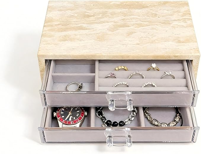 Natural Travertine Jewelry Box with 2 or 3 Drawer Organizers, Velvet Lined Storage for Rings and Necklaces (Small-2)