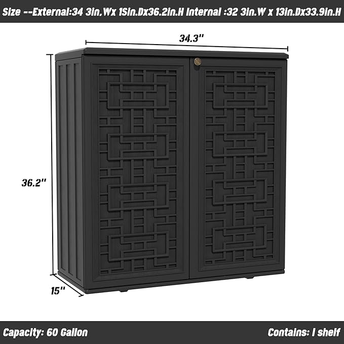 Indoor Outdoor Storage Cabinet Waterproof with Shelf,Plastic Storage Sheds Outdoor Cabinets for Patio/Garden/Backyard, Size 34.3''L*15''W*36.2''H（Black）