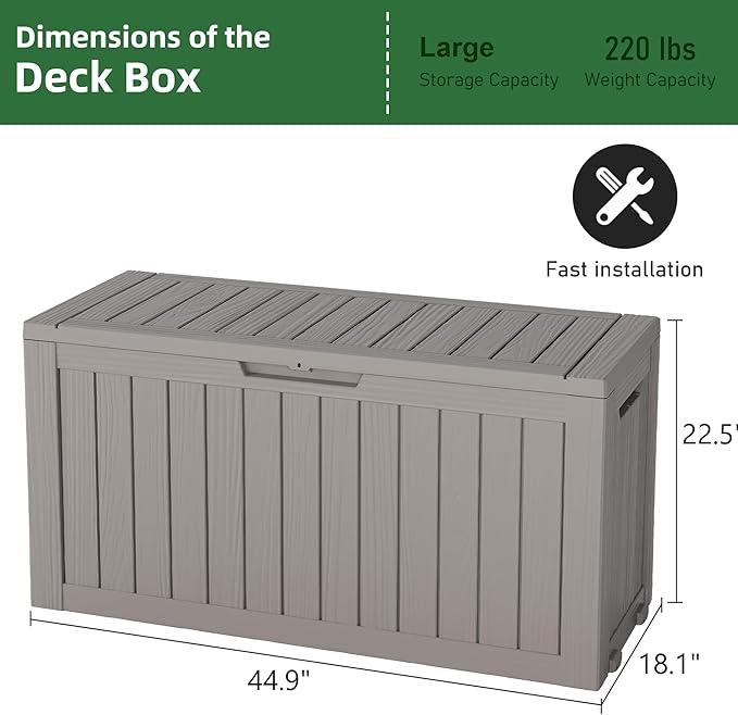 NUNU LAB Outdoor Storage Box, 80 Gallon Large Resin Sturdy Deck Box, Backyard Outside Storage Box Waterproof, Package Delivery Garden Hose Storage Bin Tool, Gray
