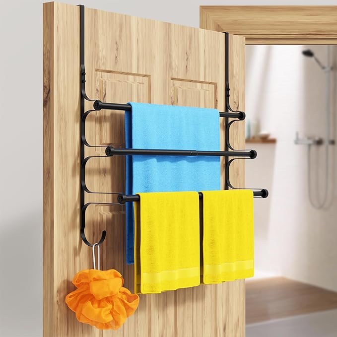 Over The Door Towel Rack, Over Door Towel Rack for Bathroom Door, Triple Towel Storage Holder with Hooks (Matte Black)