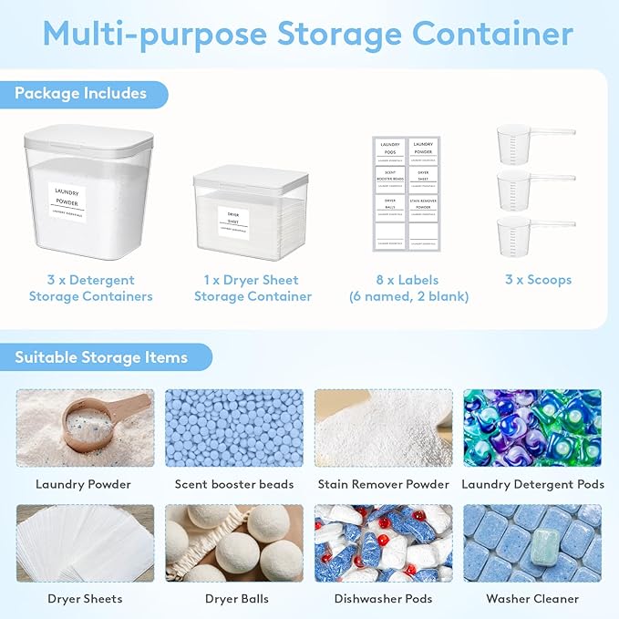 Lifewit Large Laundry Pods Container& Dryer Sheet Holder, Laundry Storage Containers, Laundry Room Organization Storage Jars for Powder, Scent Booster Beads,Plastic Lid,0.53+0.7 gal,4 Pcs