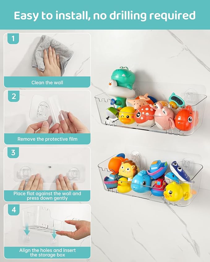 Bath Toy Storage Organizer 2 Pack, Transparent Bath Toy Holder with Drain Holes, Durable Plastic Bathtub Toy Storage for Bathroom, Quick-Dry Drainable Shower Caddy, Easy to Clean and Install