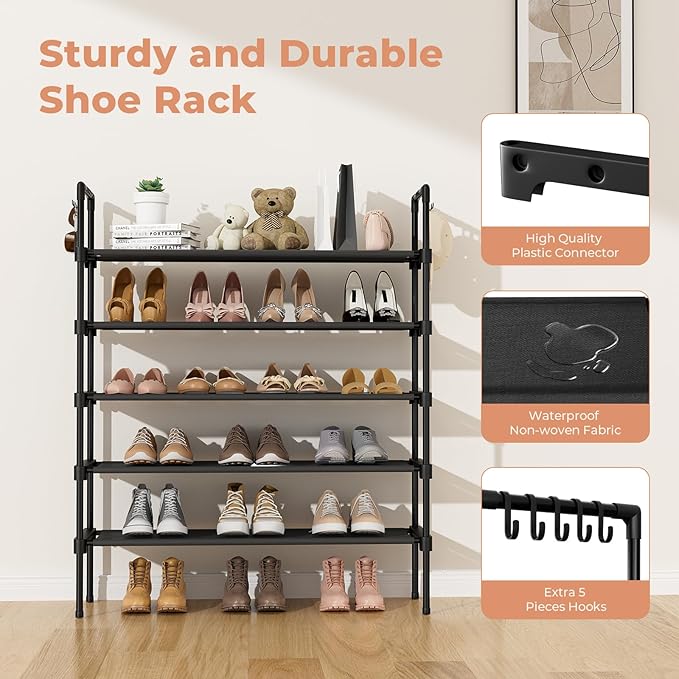 5 Tier Shoe Rack for Closet Shoe Organizer with 5 Hooks, Long Shoe Shelf Storage for Shoe and Boot Stackable Free Standing Shoe Rack for Entryway, Garage, Small Spaces, Dorm, Black
