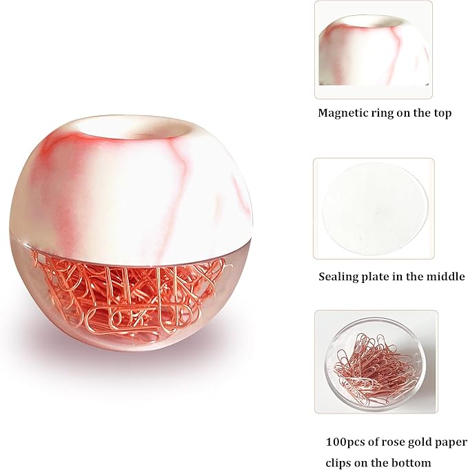 Magnetic Paper Clip Holder, Red Marble Holder with Rose Gold PaperClips 100pcs 28mm(1.1") Cute Office Supplies for Desk Organizer