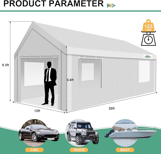 COBIZI Carport 12x20Ft Heavy Duty Portable Garage, 2.0 Powder Coated Frame(Better Than Galvanized), Waterproof Shelter with Removable Sidewalls & Windows, Built-in Sandbags, for Car/Boat/SUV, White