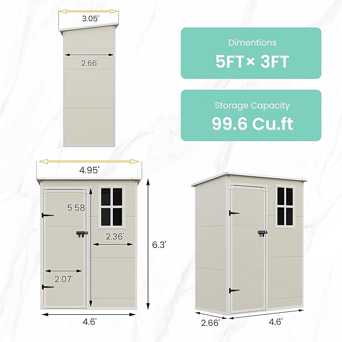 UDPATIO Outdoor Storage Shed 5x3 FT, Resin Garden Shed for Bike, Garbage Can, Tool, Outside Plastic Shed with Lockable Door for Backyard, Patio, Lawn, Sandstone