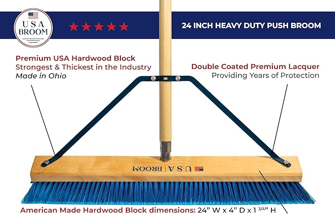 1-Pack - 24" Blue Everyday Sweep Indoor/Outdoor Push Broom with 60" Handle. Ideal for Garages & Shops. Durable American Made Steel Brackets-All Stainless Steel Hardware. No Plastic. 100% USA Made