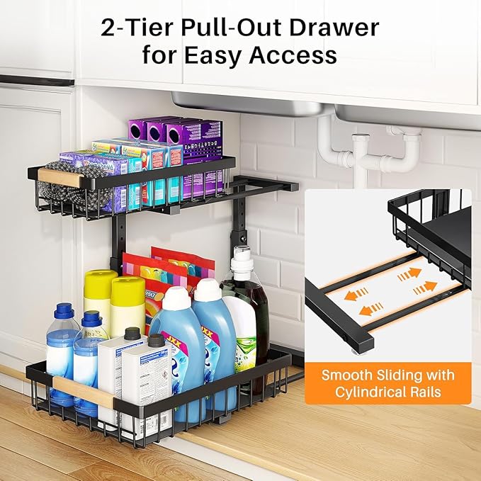 PXRACK Under Sink Organizer, Adjustable Height, 2-Pack 2 Tier Pull Out Under Cabinet Organizer, Slide Out Thickened Metal Under Sink Storage for Kitchen Bathroom Laundry Pantry Cabinet, L, Black