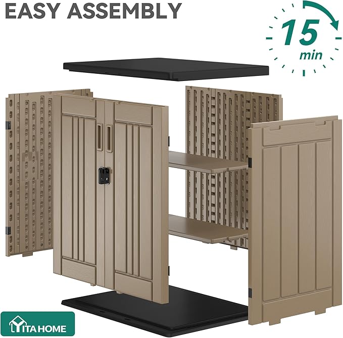 YITAHOME Outdoor Storage Cabinet with 2 Shelves, Waterproof Resin Horizontal Tool Shed, Lockable 15 cu. ft. Storage Shed for Patio, Garden, Yard, Brown