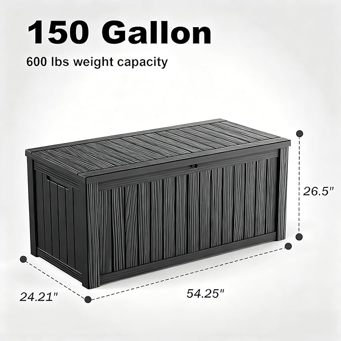 150 Gallon Waterproof Outdoor Storage Box, UV Resistant Resin Deck Box with Hydraulic Rod for Reinforced Stability, Perfect for Patio, Garden, and Pool, Striped Black