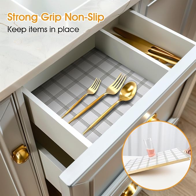 Shelf and Drawer Liner for Kitchen Cabinets Non-Adhesive, Strong Grip Non-Slip Thickened Cabinet Liners for Shelves, Waterproof Mats for Dresser Cupboard, White Square, 17 in x 20 Feet