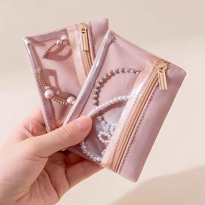 Small Travel Jewelry Pouches, 6PCS Clear Jewelry Organizer Bags with Soft Velvet and Zipper, Pocket Storage Bag Case Purse Organizer for Women Girl Gift
