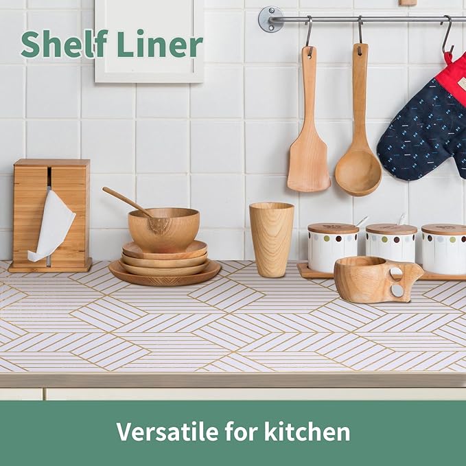 Shelf Liners for Kitchen Cabinets 12in x 30FT, Non Adhesive Cabinet Liner Strong Non-Slip Thickened Gold Geometric Drawer Liner, Easy to Clean for Shelf, Cabinet with Knife and Tape Measure