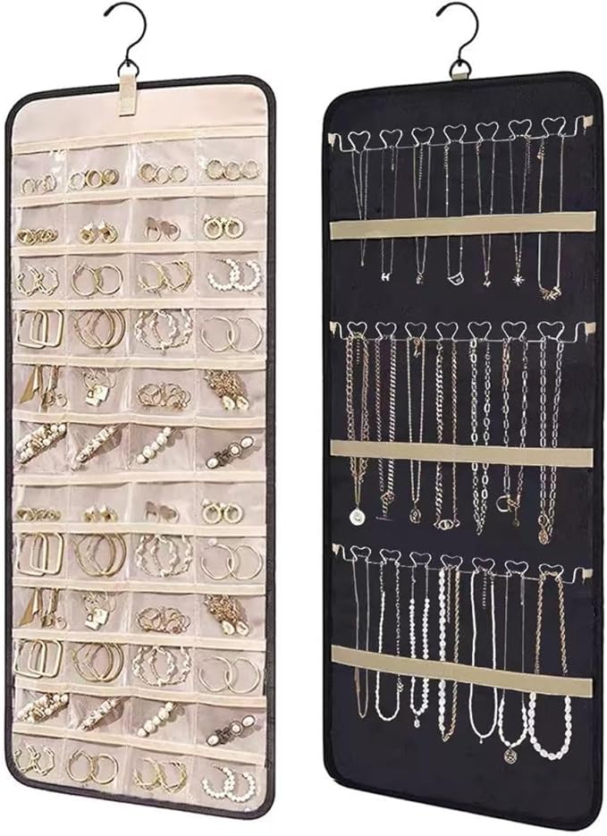 Hanging Jewelry Organizer - Dual-Sided Necklace Holder Wall Mount & Over The Door Closet Storage - Pockets Large Capacity Accessory Holder for Earrings, Rings,Bracelets - 360° Rotating (1, black, XL)