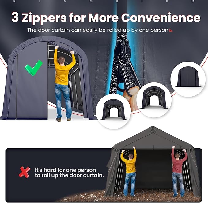 KING BIRD 10' x 20' Round Style Garage Shelter with Roll-up Ventilated Windows Heavy Duty Storage Carport Portable Canopy Storage Shelter Shed for Boat, Patio Furniture and Lawn Mower-Dark Gray