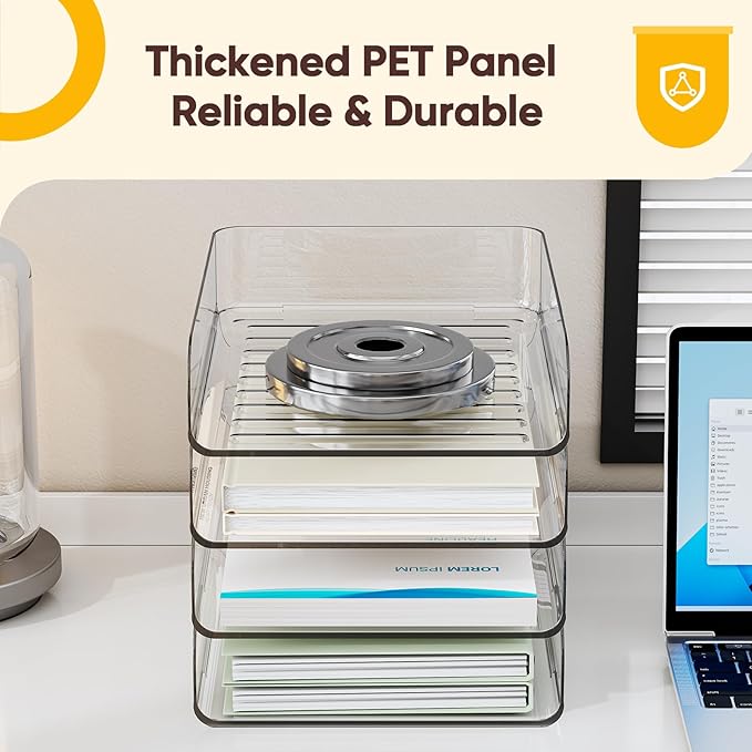 HIYOHIYO 4 Tier Clear A4 Paper Tray, Acrylic Desk Organizer for A4 File, Stackable Paper Organizer for Office, Large Capacity Desktop Letter Holder, Stackable Papers Storage Rack, Vertical Style