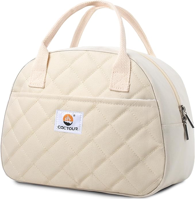 Lunch Bag Women,Insulated Quilted Lunch Bag, Small Portable Cute Lunch Box,Cooler Bag Reusable Lunch Tote for Work/Travel/Picnic (Beige)