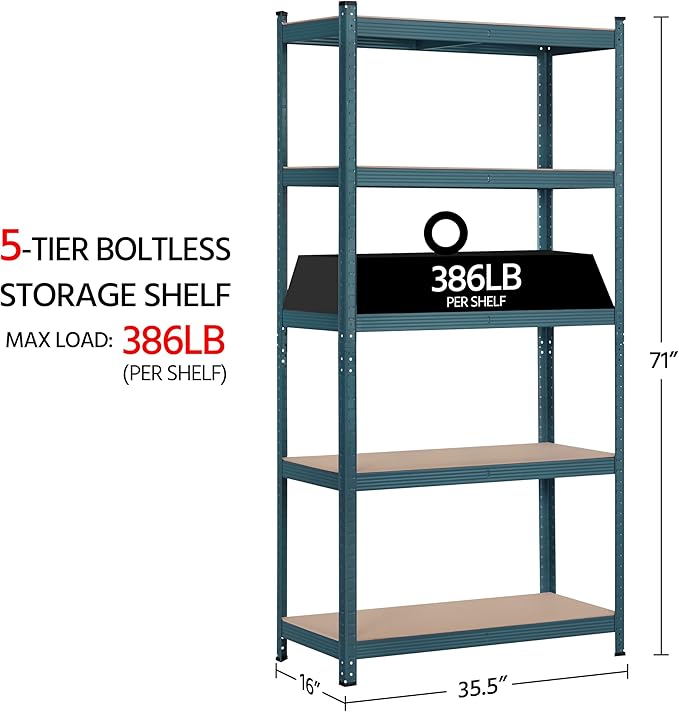 Topeakmart 5-Tier Utility Shelves, Metal Storage Shelves Garage Shelving Unit Adjustable Garage Storage Shelves Storage Racks Heavy Duty Shed Shelving- Neptune Blue, 35.5 x 16 x 71 Inch
