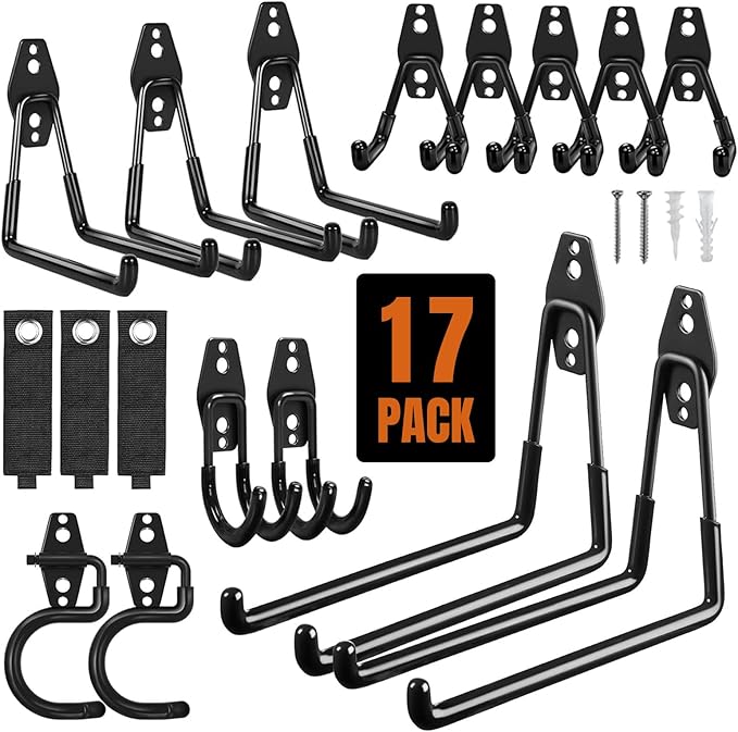 Garage Hooks, 17 Pack Assorted Wall Mount Tool Hangers with Anti-Slip Rubber Coating, Easy Installation with Screws & Anchors for Garage, Shed, Workshop Organization & Storage