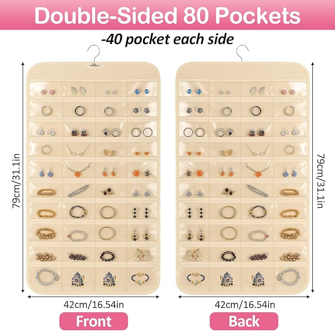 Hanging Jewelry Organizer for Closet with Swiveling Hanger, 17 x 30 In, 80 Clear Pockets Jewelry Organizer Hanging for Jewelries, Earrings, Accessories (Beige)