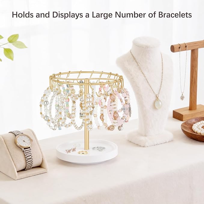 Mkono Hanging Jewelry Organizer Macrame Necklace Holder Wall Mounted and Bracelet Holder Single Tier Rotating Bracelet Display Stand Metal Jewelry Organizer for KeyChain Accessories Selling