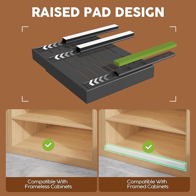 2Pack Expandable Pull Out Cabinet Organizer 21"Deep with Raising Pad for Framed Cabinets, Upgrade 3 Slide Rails Slide Out Drawers, Roll Out Shelves Adhesive,Adjustable Width 12.05"-20.4"Black