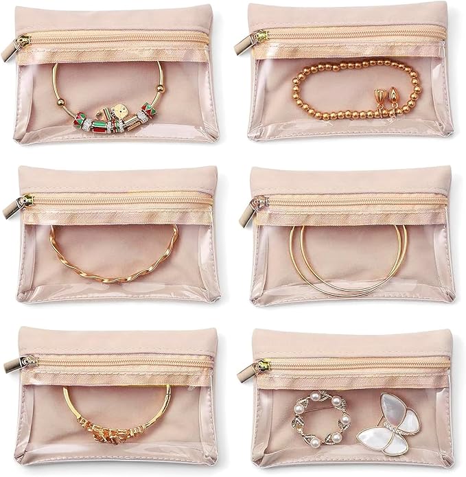 Small Jewelry Pouch Travel Organizer Bags with Soft Velvet and Zipper, 6PCS Pocket Storage Bag Case Purse Organizer for Women Girl Grandma Gift（ beige）