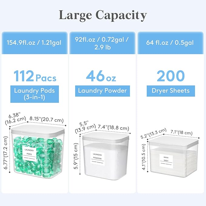 Lifewit Laundry Pods Container with Pop-up Lid, Detergent Dispenser, Dryer Sheet Holder, Laundry Room Organization Storage Jars for Washing Powder, Soap, Scent Booster Beads,0.5+0.72+1.2gal, 3 Pcs