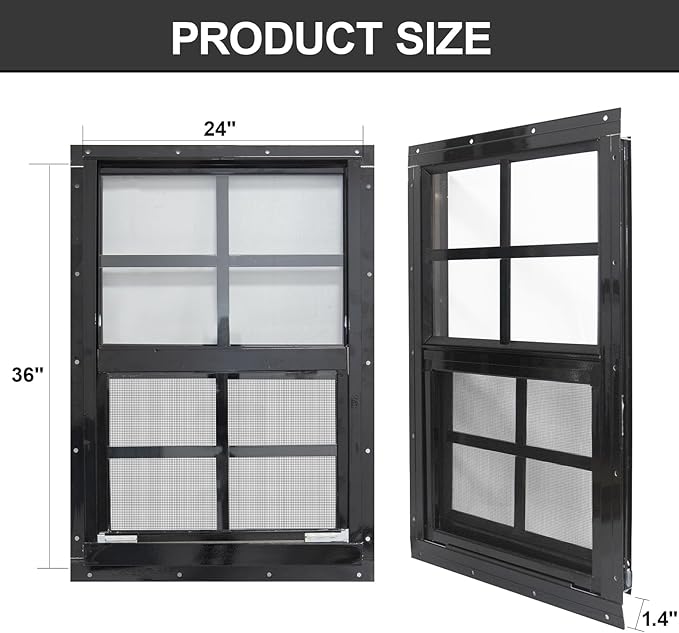 Yuzzy 24" x 36" Shed Windows with Tempered Glass and Fiberglass Screen, 2 Pack Small Sliding Windows for Shed, Chicken Coop, Playhouse, Household, Garage, Barns (Black)