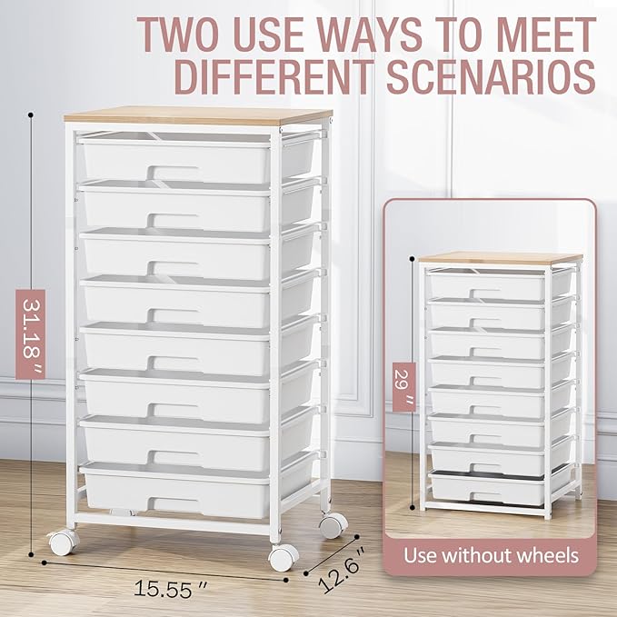 Storage Cart with 8 Drawers, Utility Cart with White Drawers and Wooden Tabletop, Craft Cart, Teacher Organization for Classroom,White