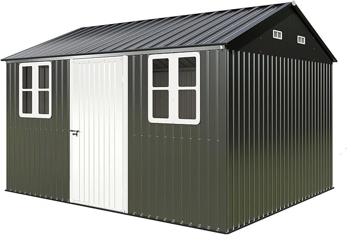 VanAcc 10 x 12FT Outdoor Storage Shed with a Lockable Hinged Door and 2 Windows, Nordic Cottage Metal Shed for Backyard, Garden, Patio, Dark Grey/White